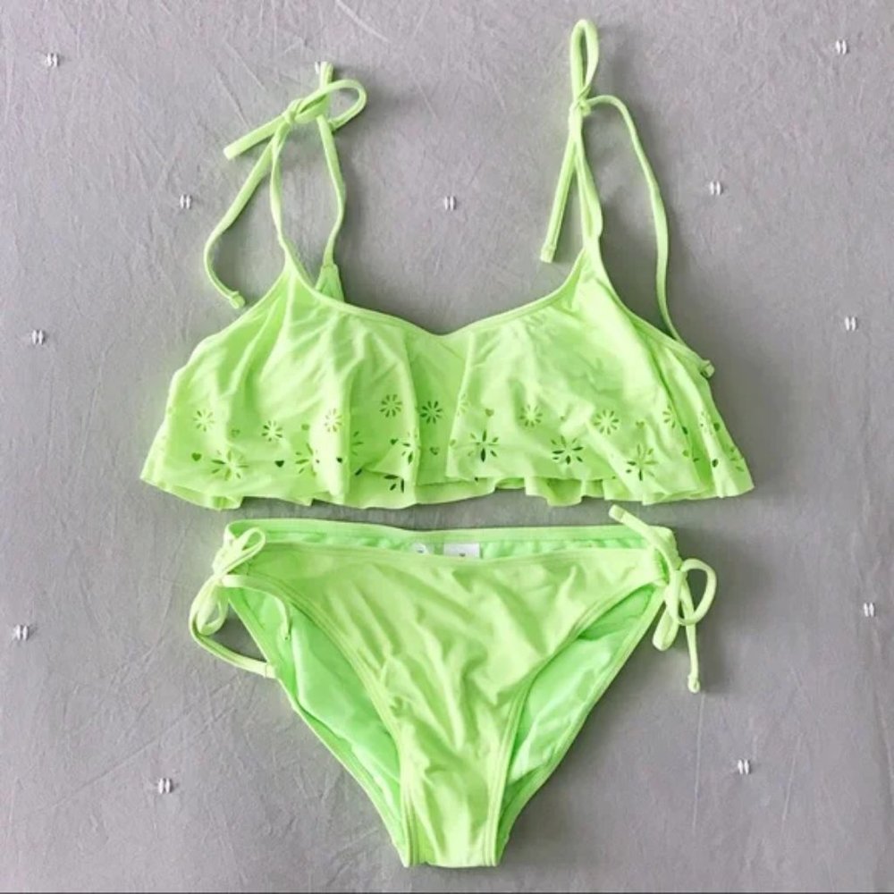 Ruffle Top Perforated 2-Piece Swimsuit